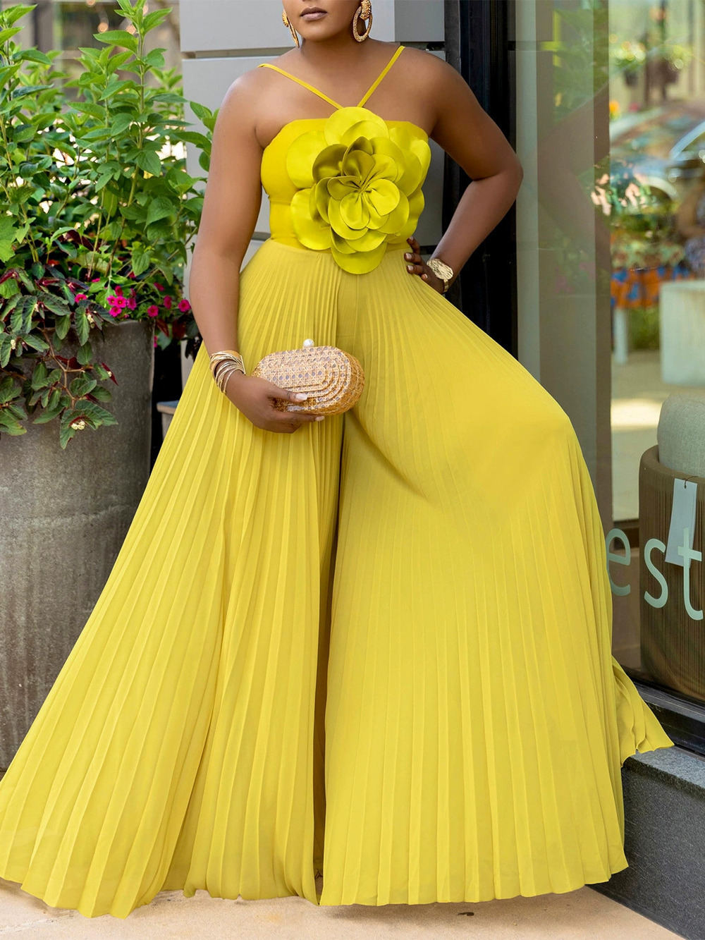 Summer Halter 3D Floral Solid Wide Leg Plus Size Jumpsuit
